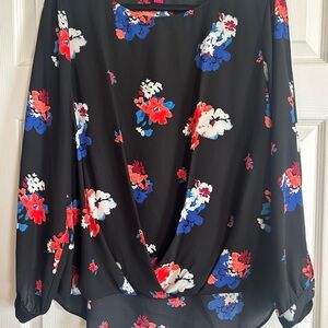 Vince Camuto Black Blouse with Red, Blue & White Floral Print